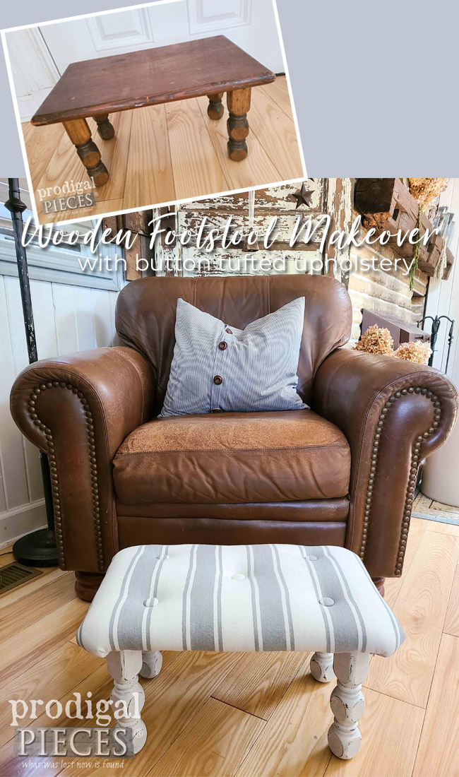 A thrifted wooden footstool is turned tufted upholstered stool with this tutorial by Larissa of Prodigal Pieces | prodigalpieces.com #prodigalpieces #upholstery #diy #furniture