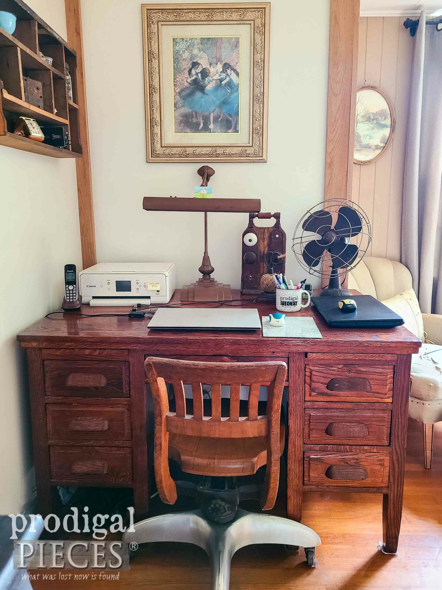 Antique Oak Desk Workspace of Larissa of Prodigal Pieces | prodigalpieces.com #prodigalpieces