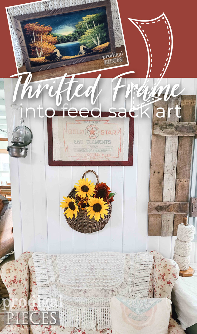 A thrifted frame becomes farmhouse feed sack art with this tutorial by Larissa of Prodigal Pieces | prodigalpieces.com #prodigalpieces #farmhouse #diy #art