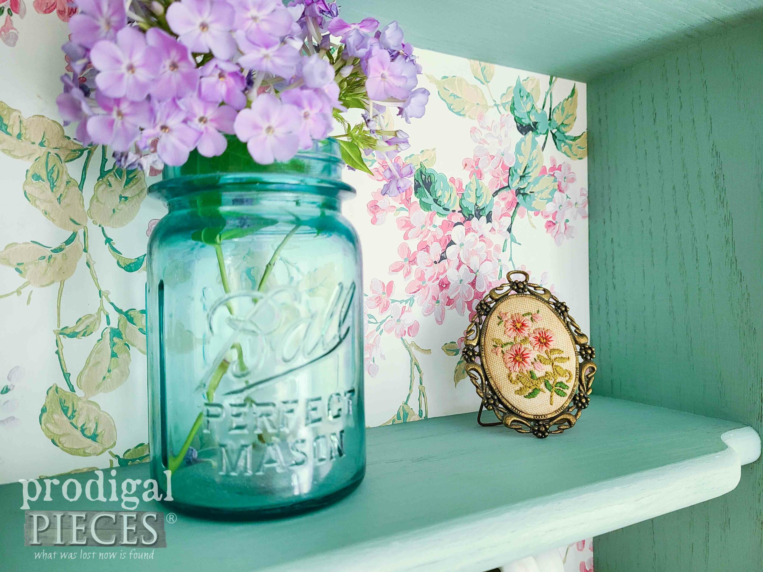 Blue Ball Jar with Flowers on Shelf by Larissa of Prodigal Pieces | prodigalpieces.com #prodigalpieces