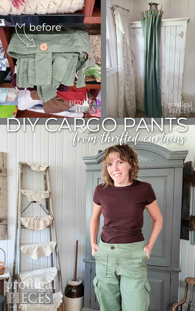 Larissa of Prodigal Pieces creates DIY cargo pants from refashioning thrifted curtains. See the crazy details at prodigalpieces.com #prodigalpieces