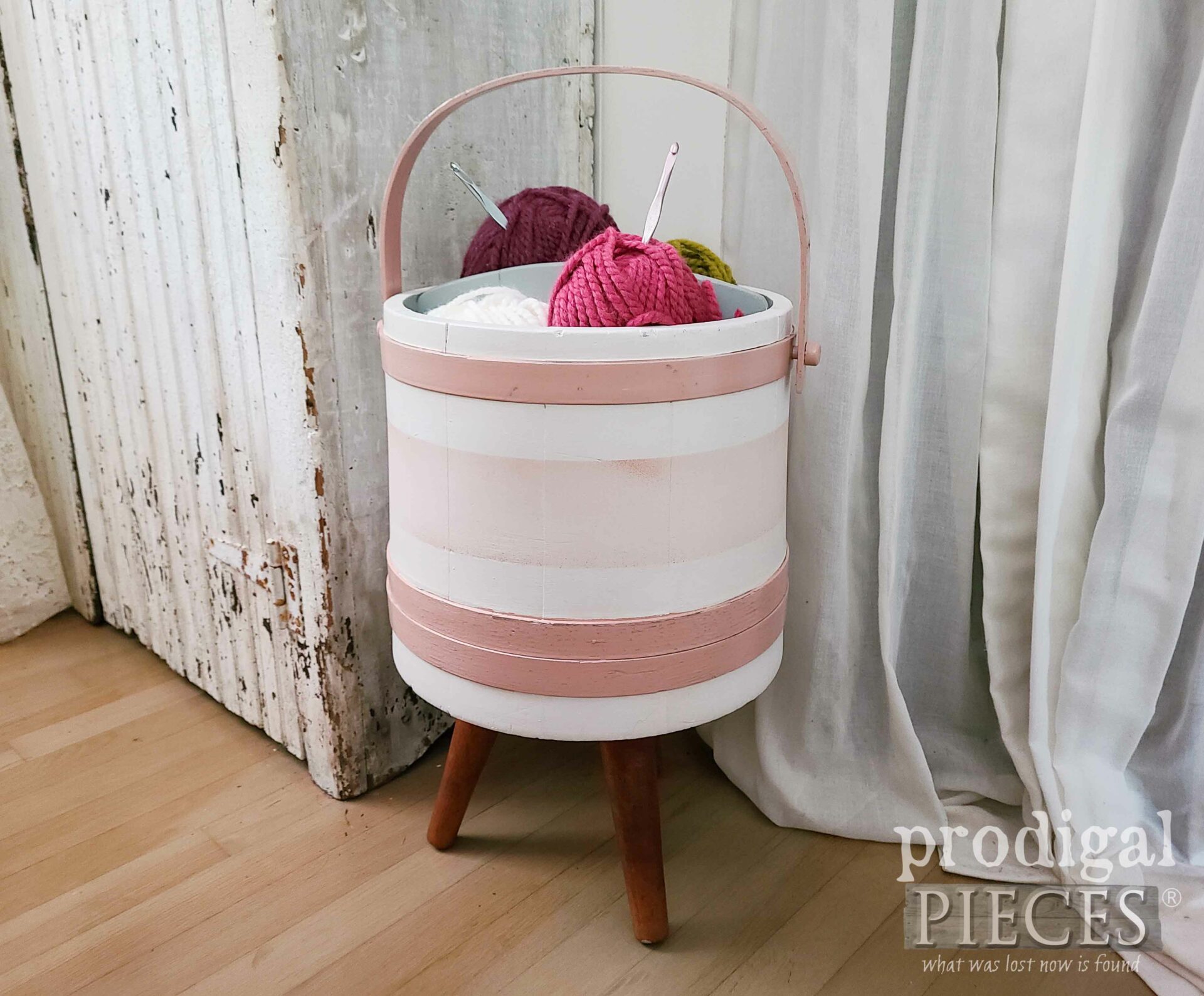Pink Stripe Vintage Sewing Bucket by Firkin | Makeover by Larissa of Prodigal Pieces | prodigalpieces.com #prodigalpieces