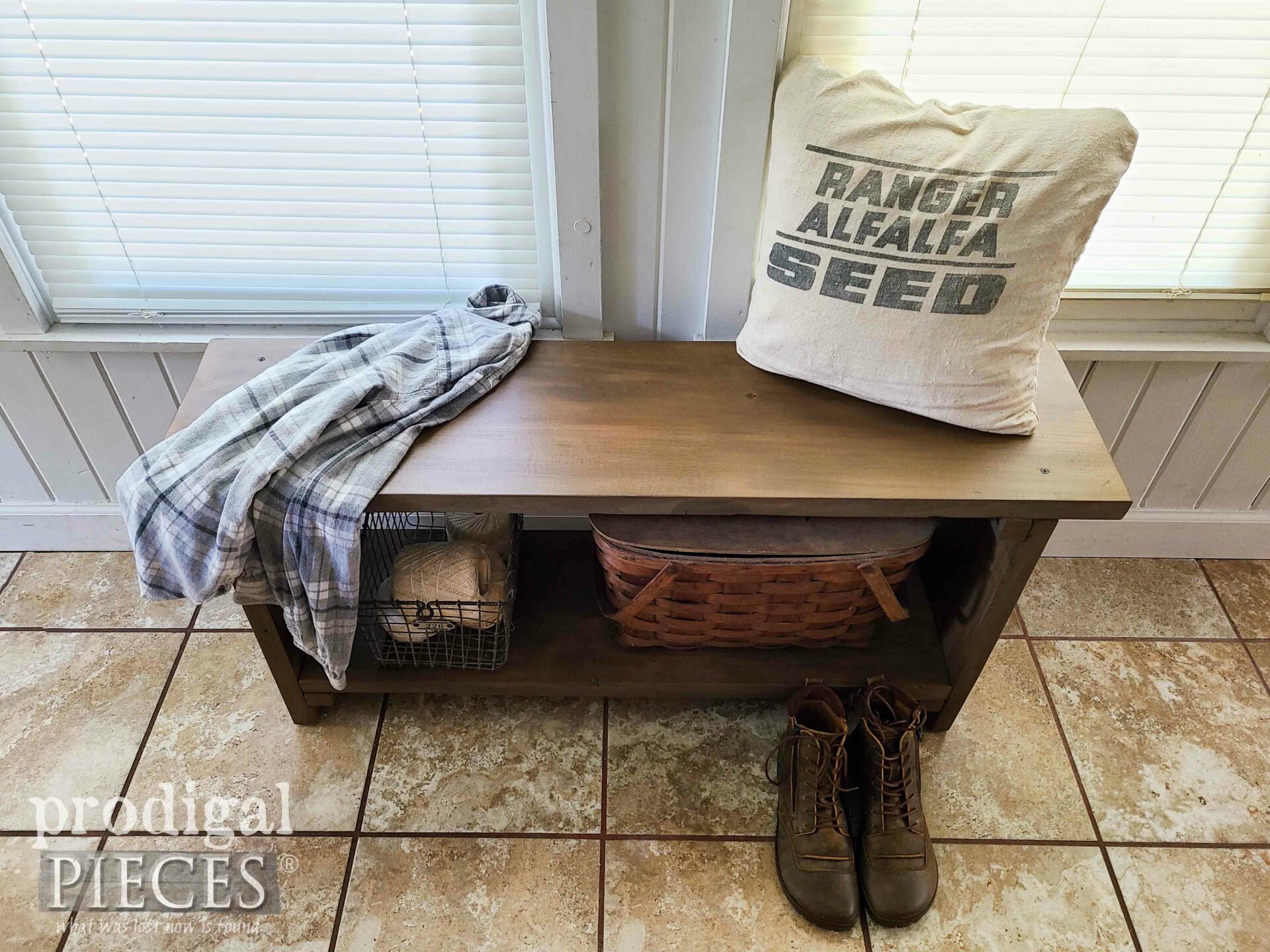 Top View Reclaimed Wood Farmhouse Bench by Larissa of Prodigal Pieces | prodigalpieces.com #prodigalpieces