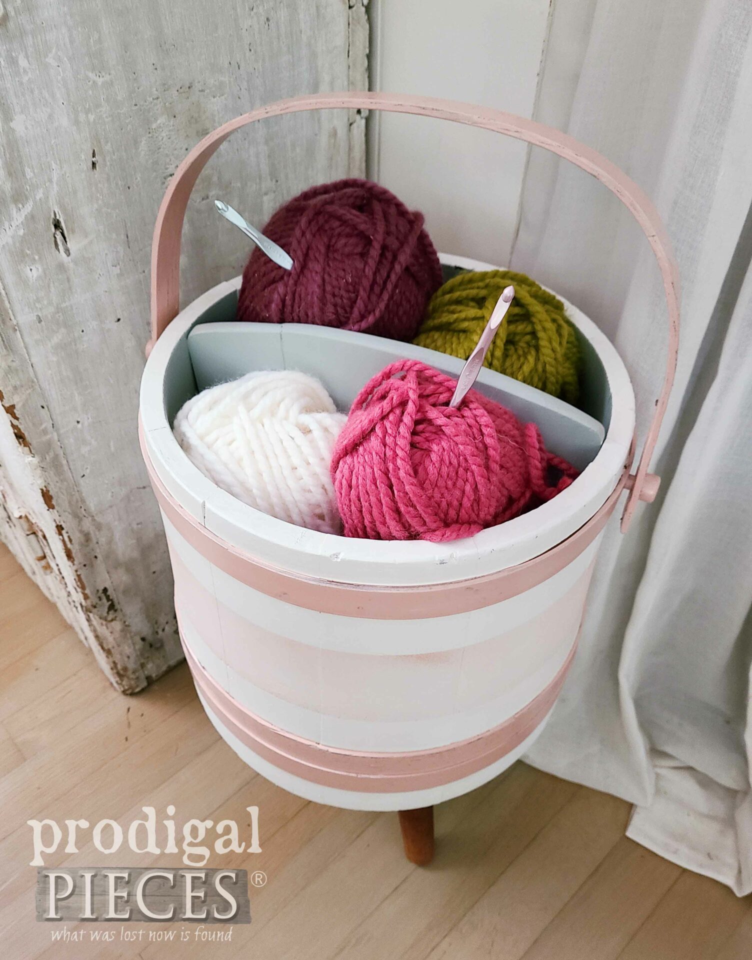 DIY Yarn Vintage Sewing Bucket Makeover | prodigalpieces.com #prodigalpieces