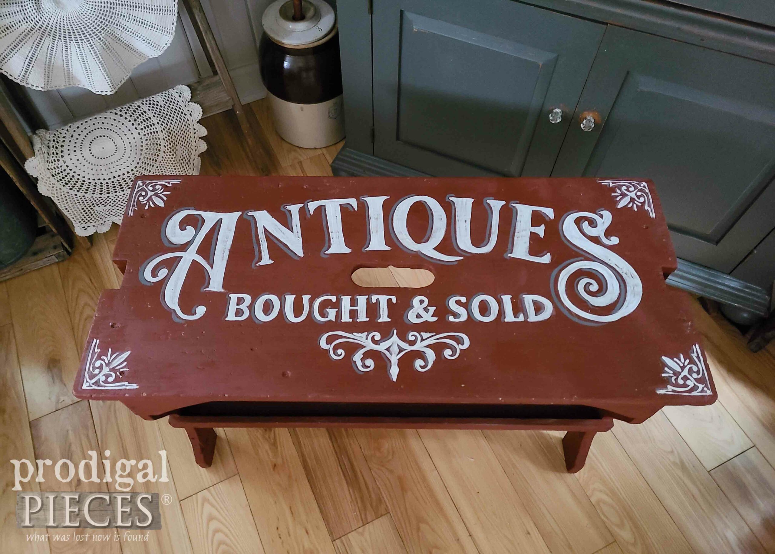 Antiques Bought & Sold Typography on Rustic Farmhouse Bench by Larissa of Prodigal Pieces | prodigalpieces.com #prodigalpieces