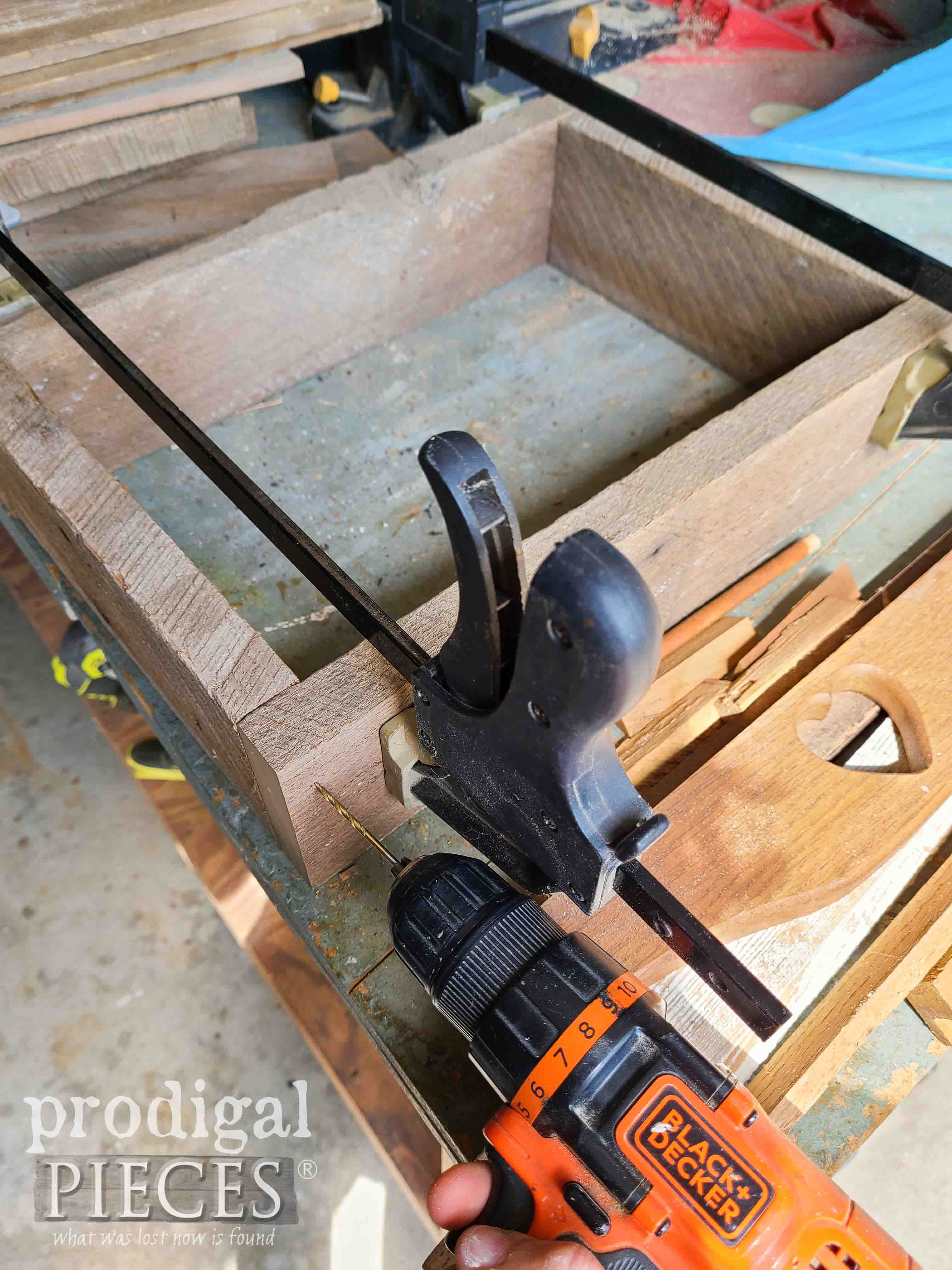 Drilling Reclaimed Wood Tote for Assembly | prodigalpieces.com #prodigalpieces