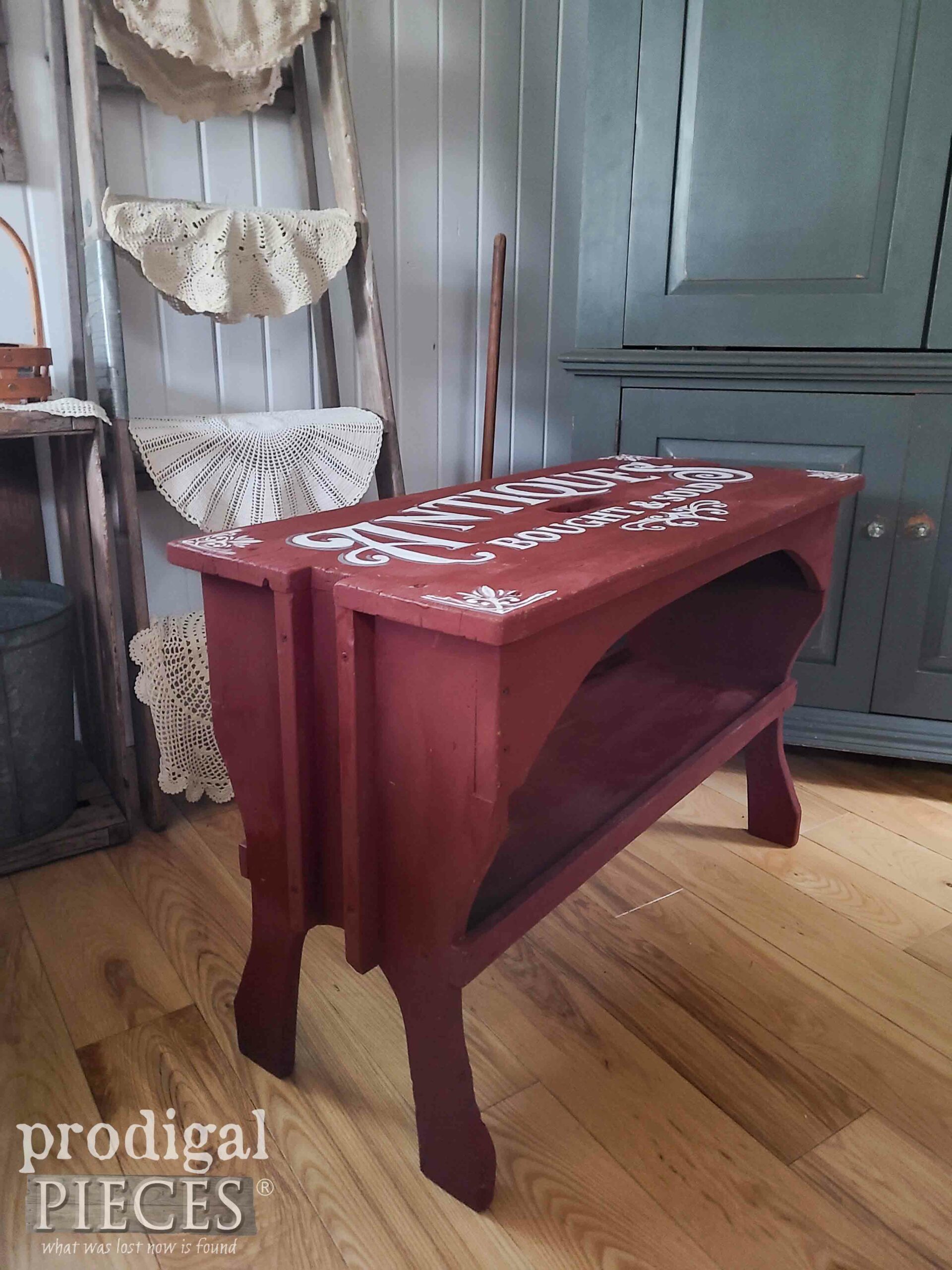 Handmade Farmhouse Bench in Barn Red Milk Paint with Typography by Larissa of Prodigal Pieces | prodigalpieces.com #prodigalpieces