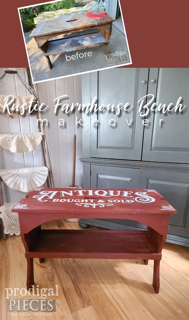 Damaged and mistreated, this vintage farmhouse bench makeover is one to see. Head to Prodigal Pieces | prodigalpieces.com #prodigalpieces