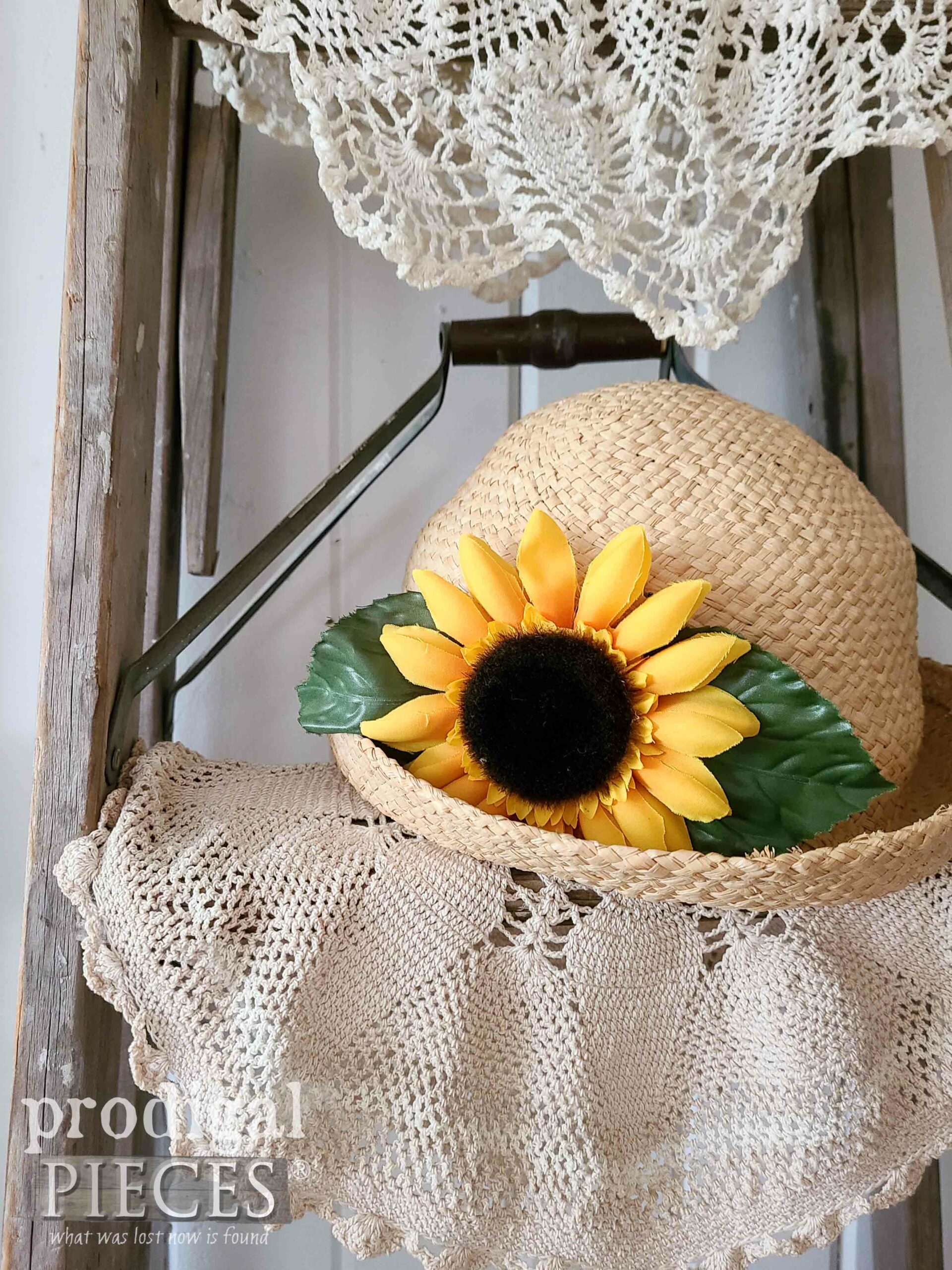 Straw Sunflower Hat on Ladder by Larissa of Prodigal Pieces | prodigalpieces.com #prodigalpieces