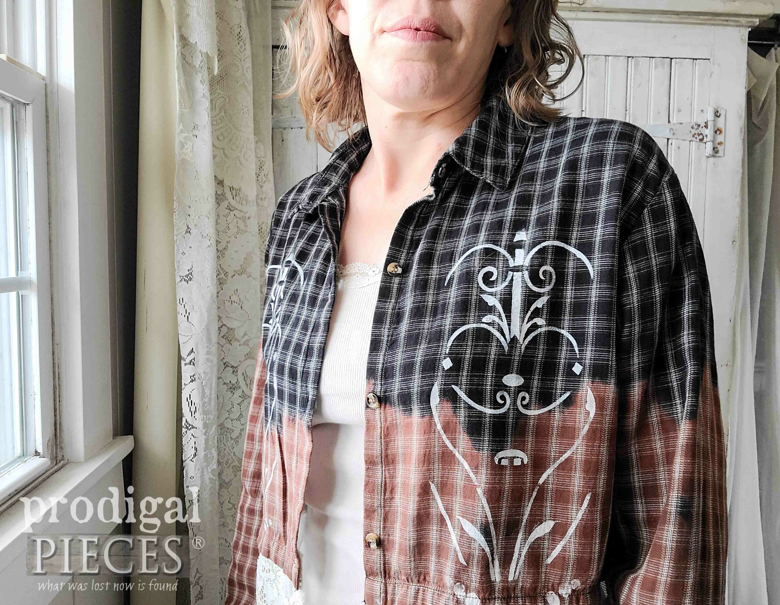 Closeup of Stenciled Bleach Shirt by Larissa of Prodigal Pieces | prodigalpieces.com #prodigalpieces