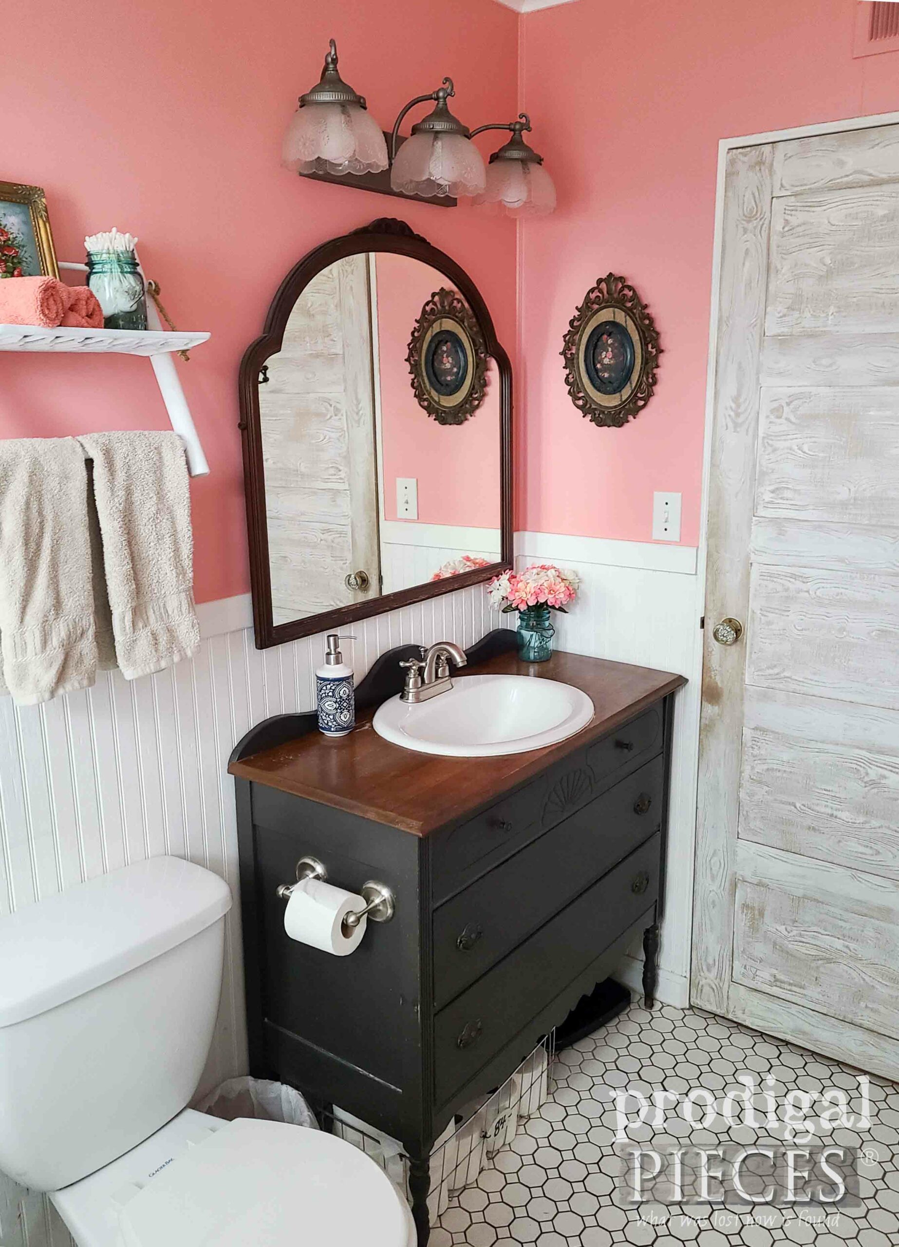 Farmhouse Style Bathroom with DIY Blush Color by Larissa of Prodigal Pieces | prodigalpieces.com #prodigalpieces