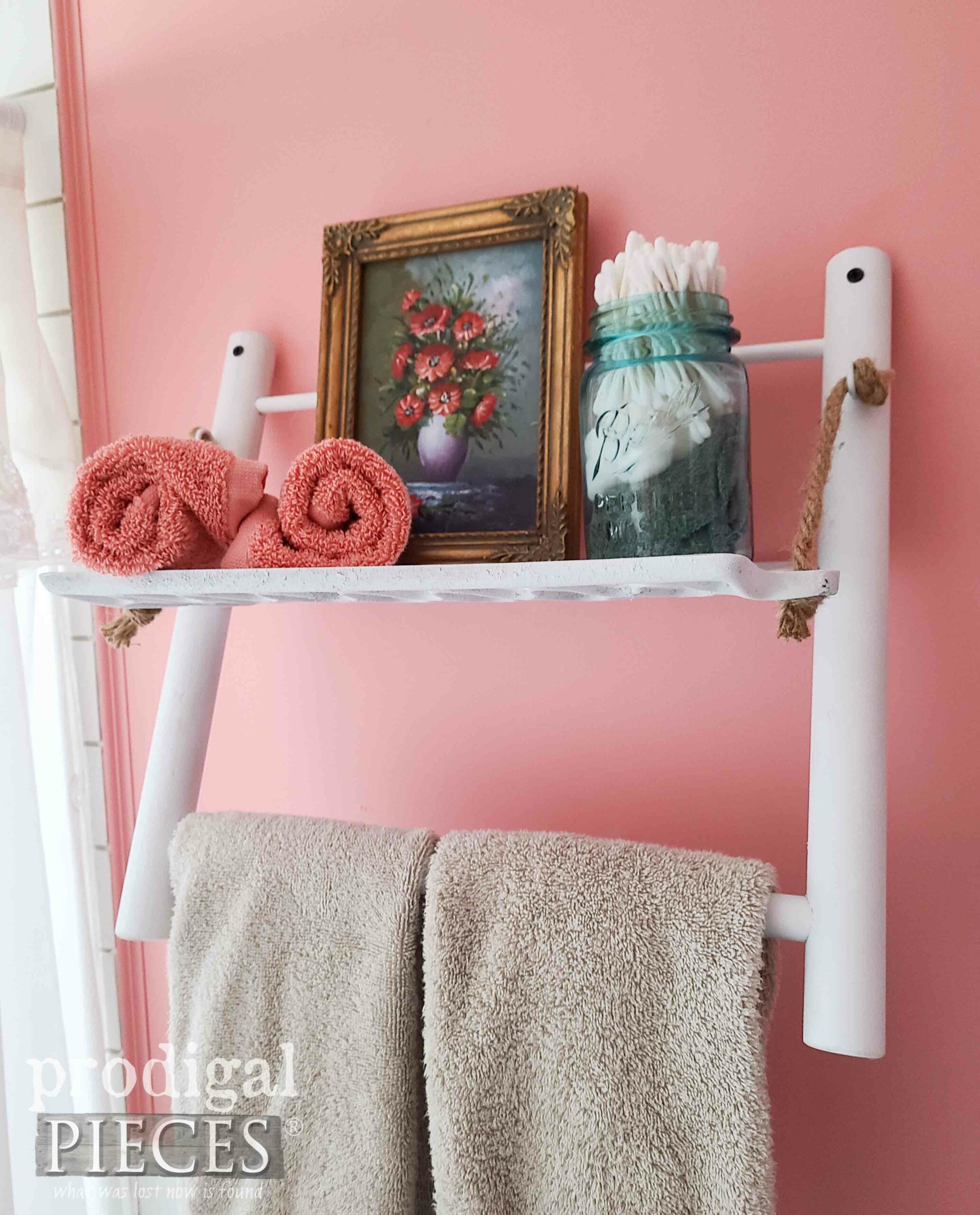 Repurposed Towel Shelf in Bathroom | prodigalpieces.com #prodigalpieces