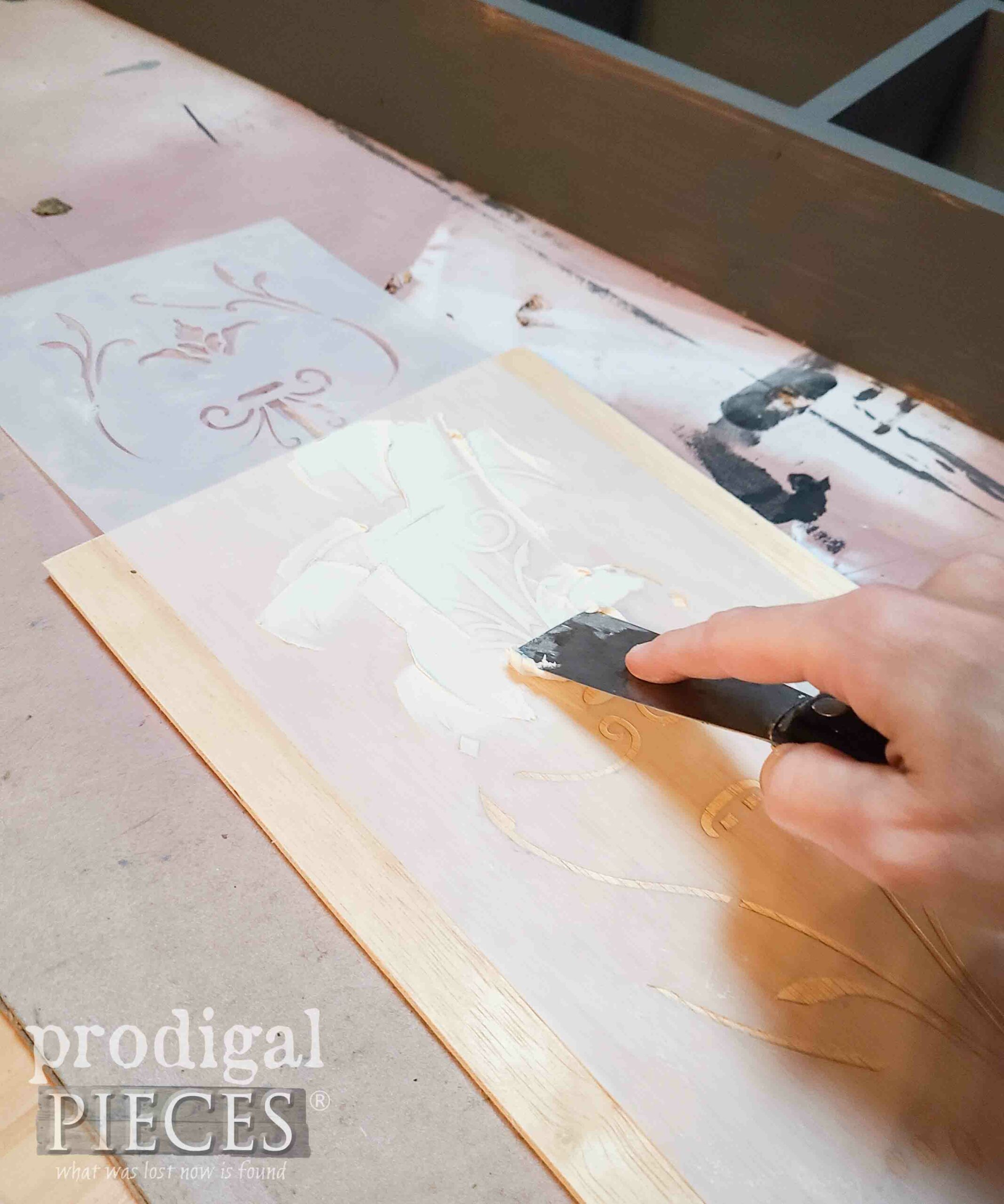 Applying Spackling to Stencil | prodigalpieces.com #prodigalpieces