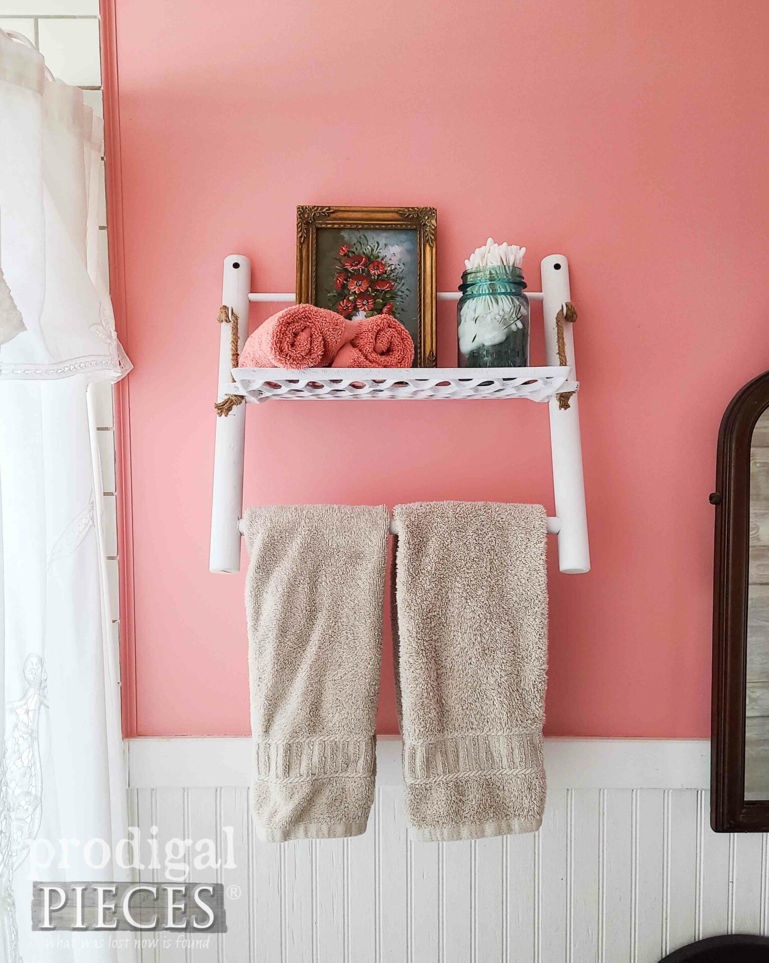Reclaimed Treadle Machine Shelf in Blush Bathroom Makeover by Larissa of Prodigal Pieces | prodigalpieces.com #prodigalpieces