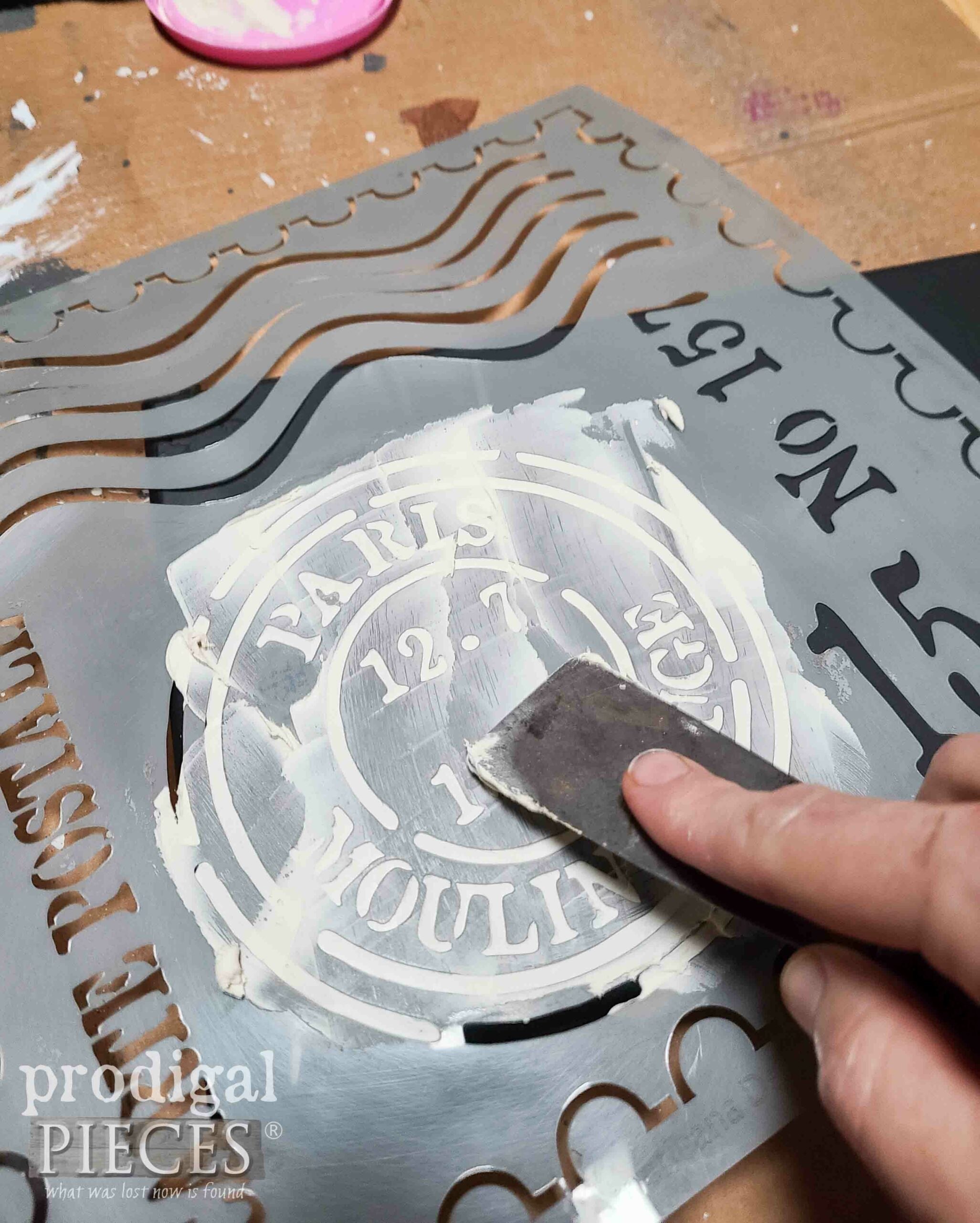 Applying Spackling to Stencil for Thrifted Box Makeover | prodigalpieces.com #prodigalpieces