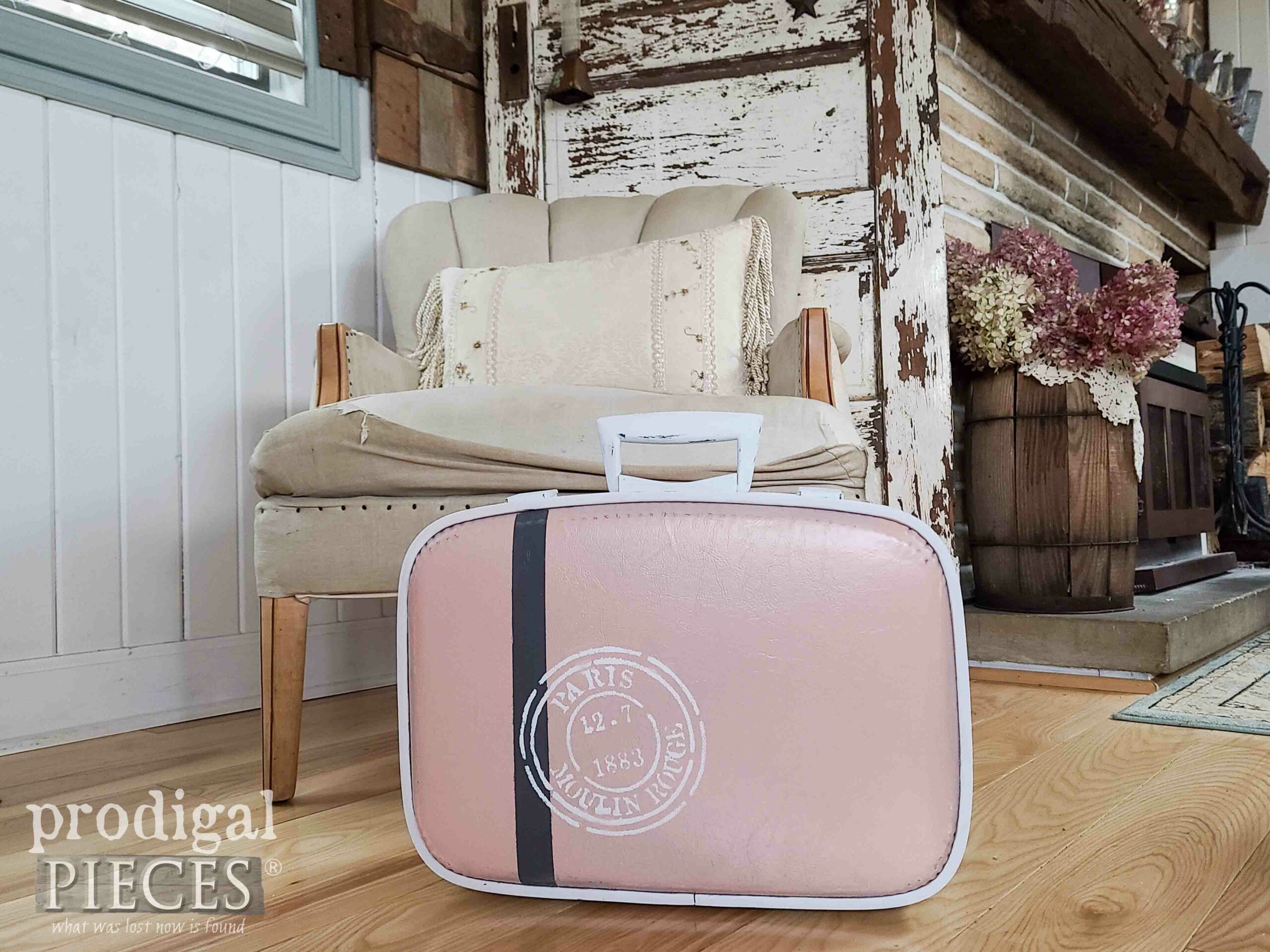 DIY Vintage Luggage Makeover with a Refashioned Shower Curtain | prodigalpieces.com #prodigalpieces