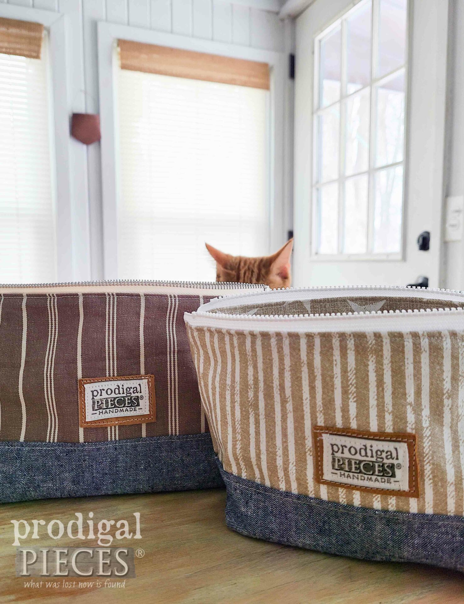 Peeking Tabby Kitten Behind DIY Freestanding Pouch by Larissa of Prodigal Pieces | prodigalpieces.com #prodigalpieces