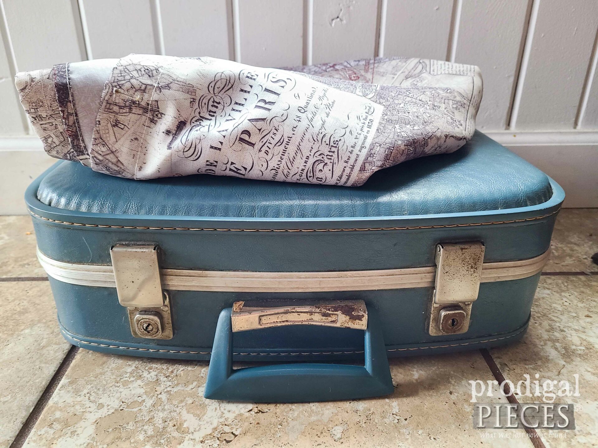 Shower Curtain and Vintage Suitcase Upcycled | prodigalpieces.com #prodigalpieces
