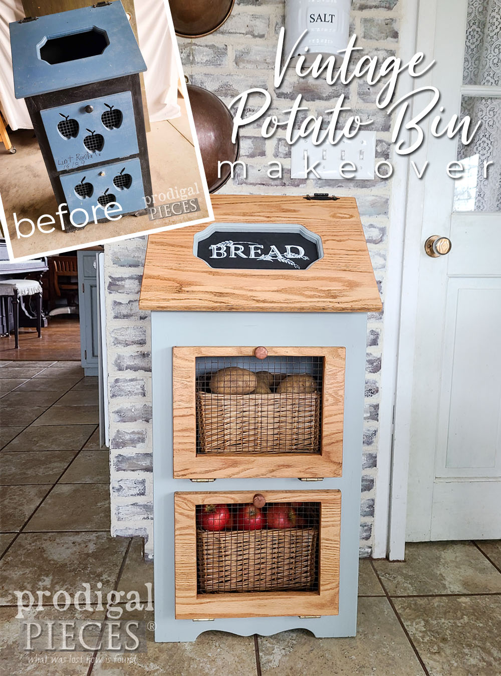 This thrifted vintage potato bin reallllly needed a makeover to update and revive it. Tutorial by Larissa of Prodigal Pieces | prodigalpieces.com #prodigalpieces