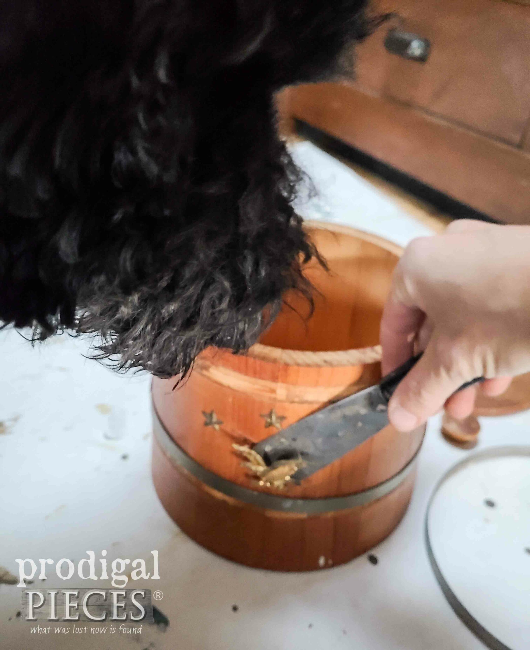Removing Cookie Jar Embellishments with Loula Watching | prodigalpieces.com #prodigalpieces Removing Cookie Jar Embellishments with Loula Watching | prodigalpieces.com #prodigalpieces