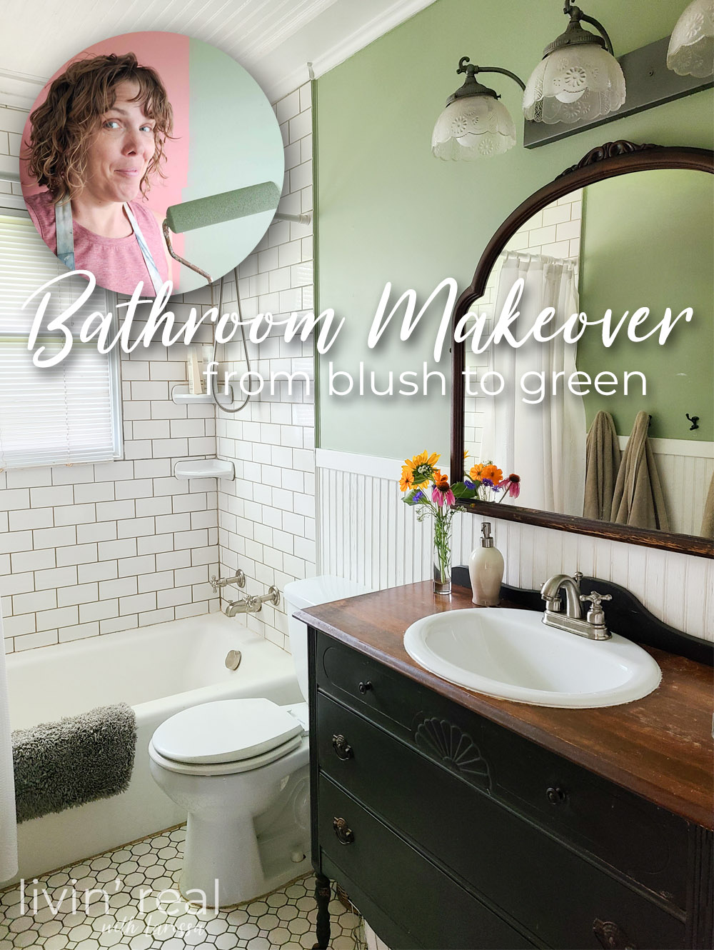 A DIY bathroom makeover from blush pink to green by Livin' Real with Larissa | livinrealwithlarissa.com #livinrealwithlarissa
