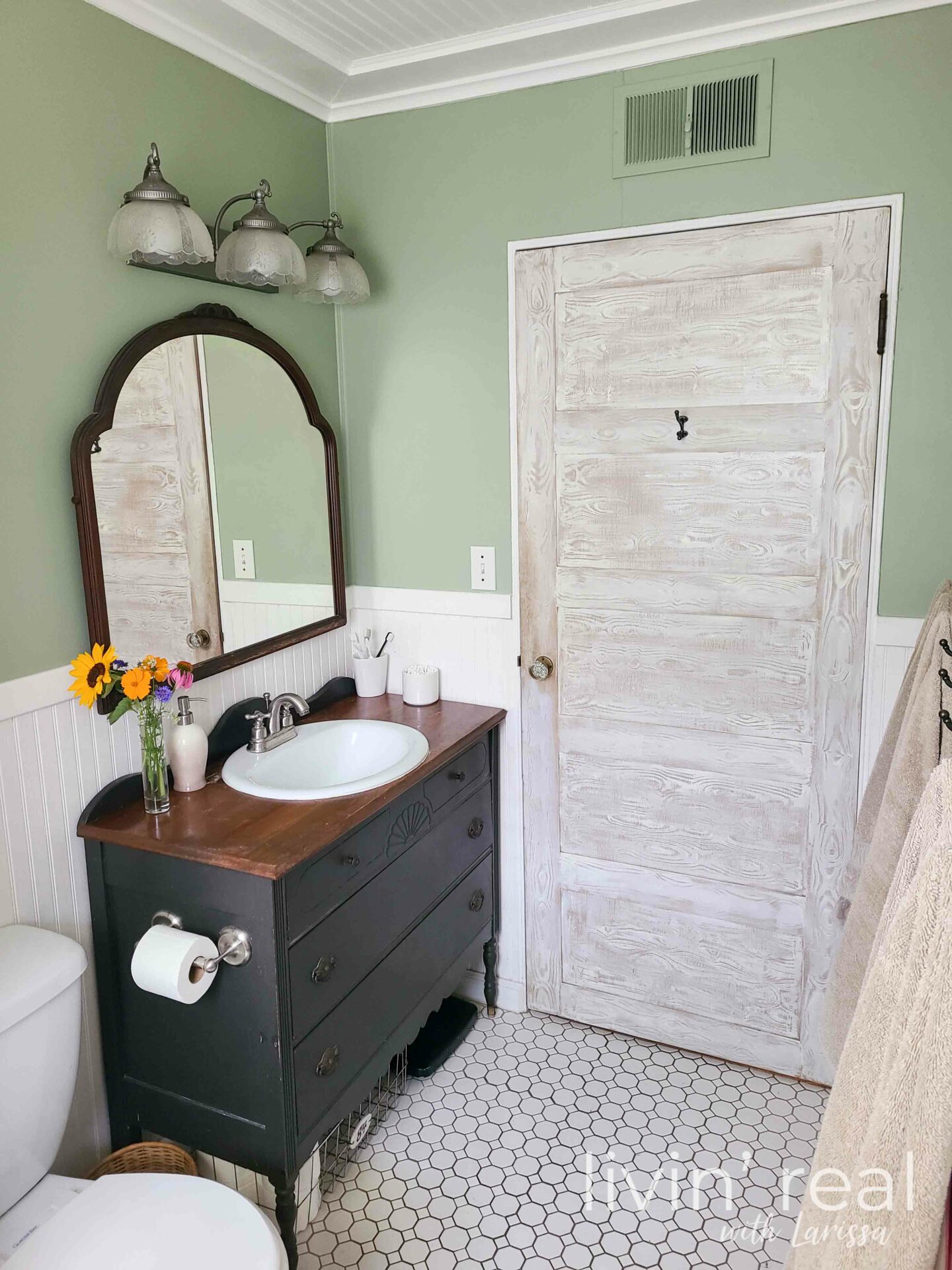 DIY Bathroom Subway Tile by Livin' Real with Larissa | livinrealwithlarissa.com #livinrealwithlarissa Dresser Turned Bathroom Vanity by Livin' Real with Larissa | livinrealwithlarissa.com #livinrealwithlarissa