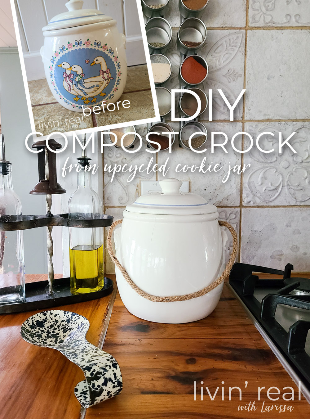 Create a DIY Compost Crock with this easy tutorial using an Upcycled Cookie Jar by Livin' Real with Larissa | livinrealwithlarissa.com #livinrealwithlarissa Create a DIY Compost Crock with this easy tutorial using an Upcycled Cookie Jar by Livin' Real with Larissa | livinrealwithlarissa.com #livinrealwithlarissa