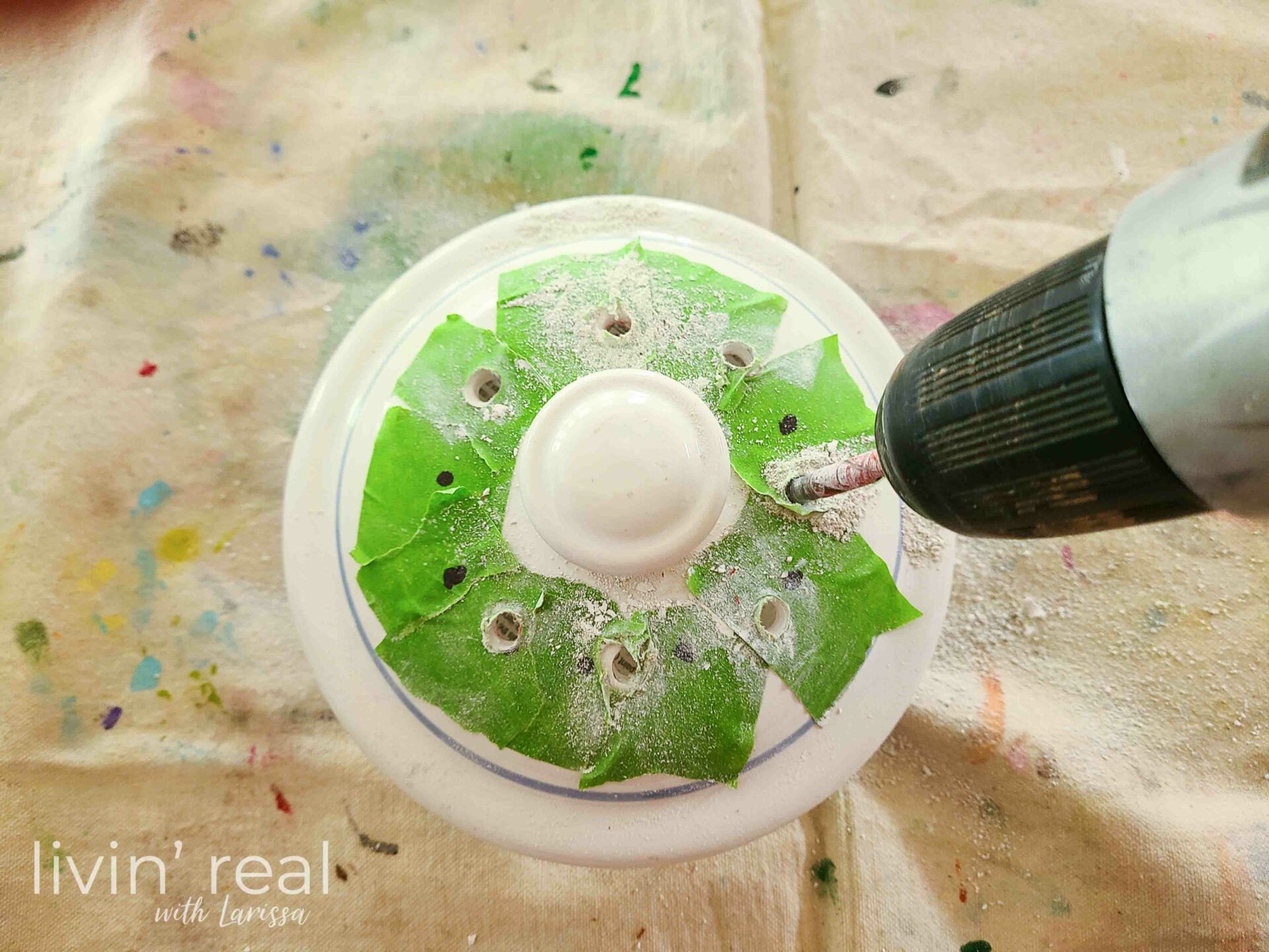 Drilling Upcycled Cookie Jar Lid | livinrealiwthlarissa.com #livinrealwithlarissa Drilling Upcycled Cookie Jar Lid | livinrealiwthlarissa.com #livinrealwithlarissa