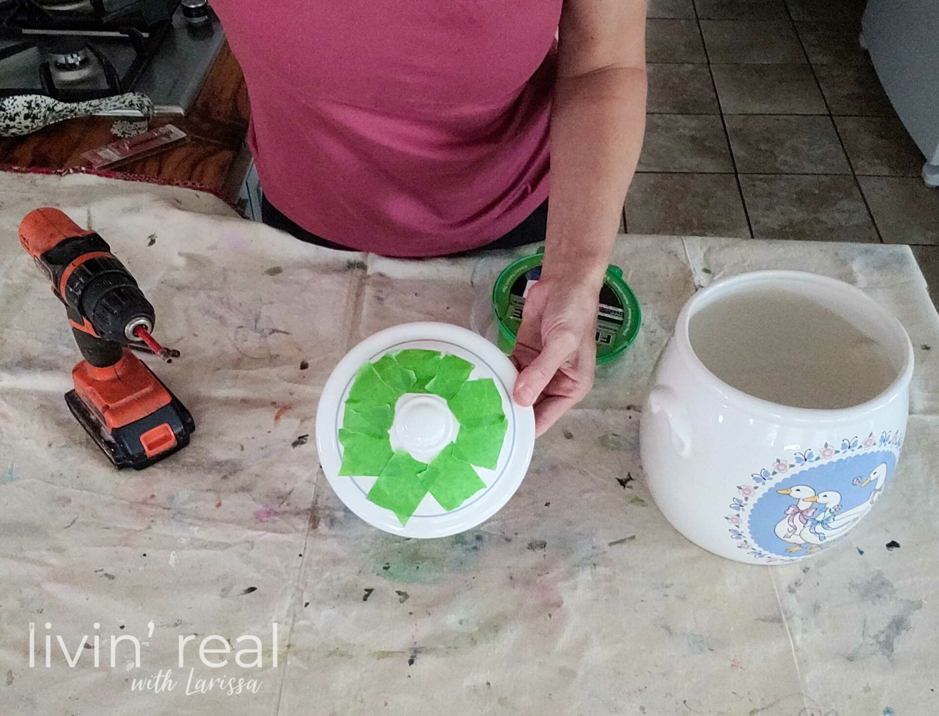 Taping Upcycled Cookie Jar Lid | livinrealwithlarissa.com #livinrealwithlarissa Taping Upcycled Cookie Jar Lid | livinrealwithlarissa.com #livinrealwithlarissa